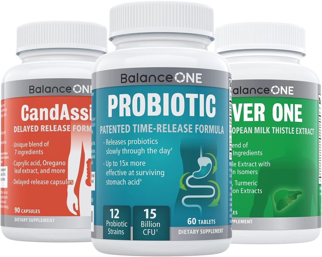 Balance ONE 3 Monate Kit | Probiotic, CandAssist, Liver One | 15 Billion CFU Probiotic | Natürliche Reinigung mit Caprylic Säure | Leber Unterstützung mit Milchdistel