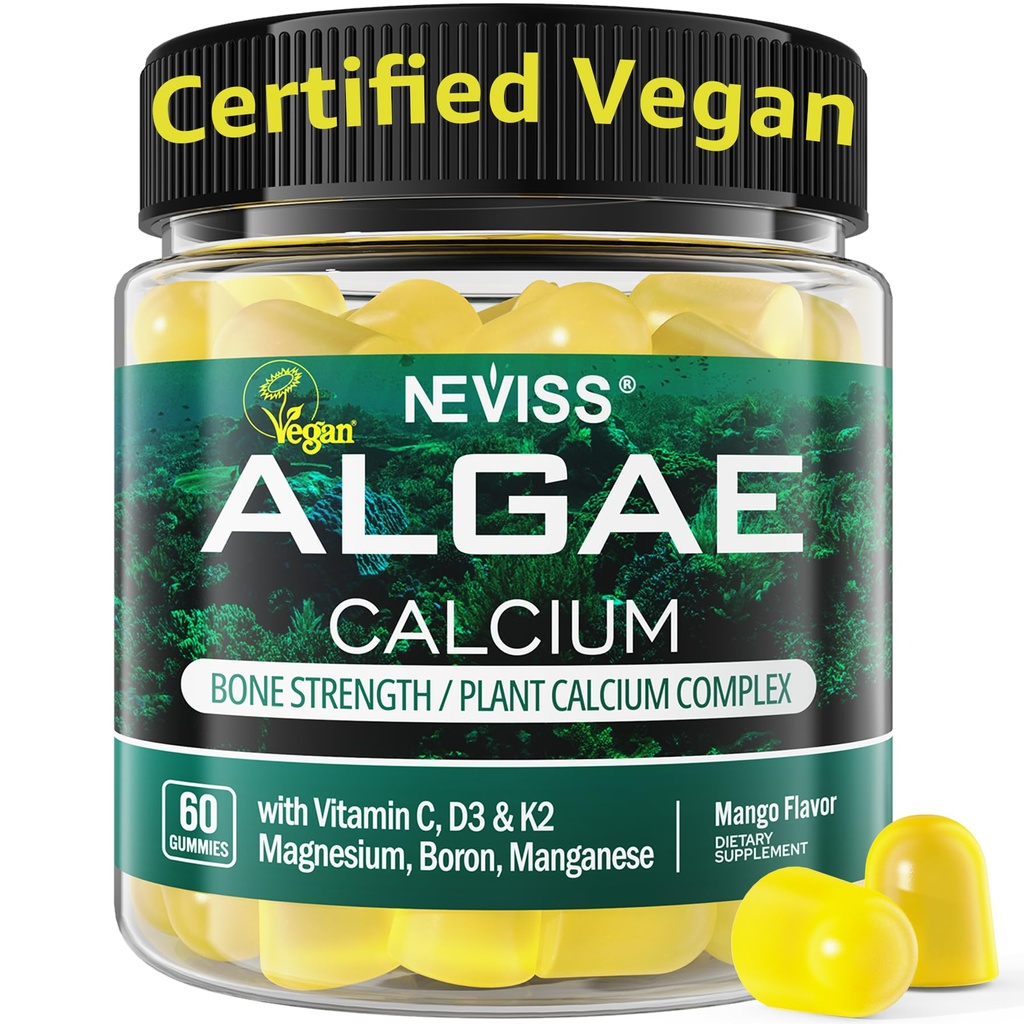 Gommies de calcium pour les femmes + vitamine de magnésium D3 K2, C, zinc, Boron, Algae durable (3ème partie testée) pour la force osseuse, Nerve, Calcium Absoption, supplément de calcium sans sucre, végétalien, 60 comtes