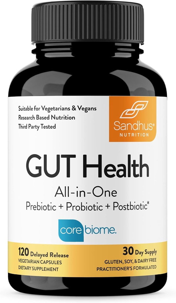 Sandhu's Gut Health - Prebiotic, Probiotic, Postbiotic & L-Glutamine | Verdauungsgesundheit, Colon, Probiotic Total Supplements | 120 Verzögerte Freisetzung Kapseln