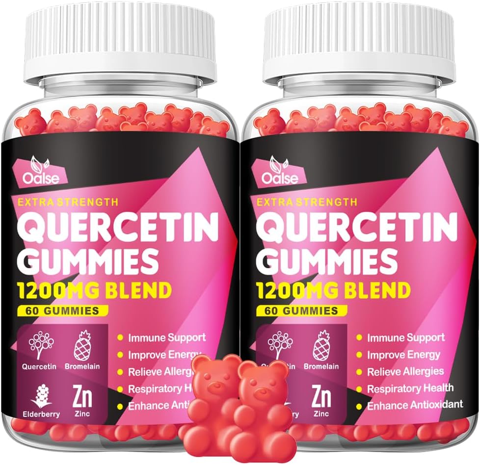 Gummies Quercetin - Quercetin avec vitamine C et zinc + Bromelain + Elderberry + vitamine D3-1200mg Suppléments Quercetin pour les enfants et les adultes Immunity & Allergy Support (2 Pack)