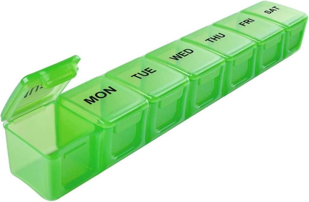 Sukuos Extra Grand Organisateur de pilules de 7 jours Facile à ouvrir, boîte à pilules hebdomadaire Cas de médecine quotidienne avec un couvercle clair, porte-vitamine imprimé sérigraphie pour les huiles ou suppléments de poisson (vert)