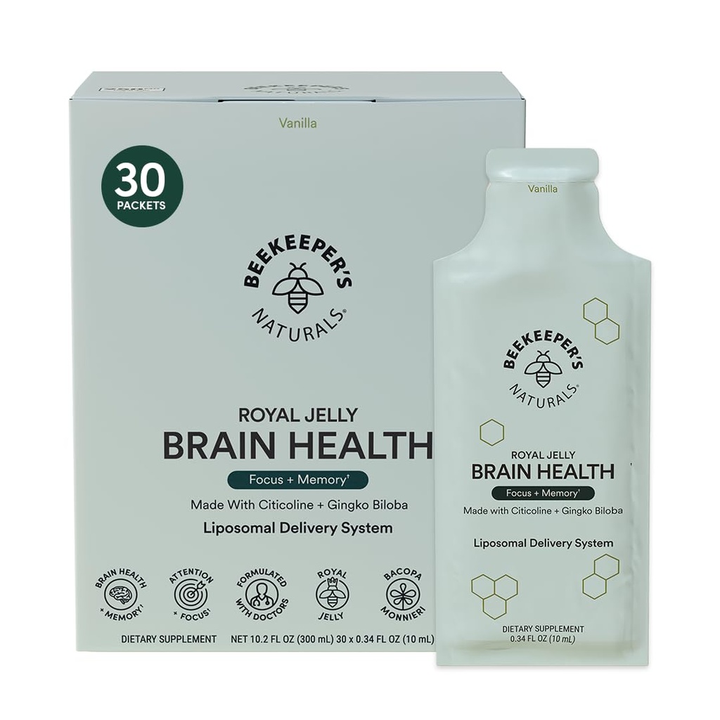 Nootropic Brain Supplement by Beekeeper's Naturals, 500mg Citocoline, Ginkgo Biloba, Bacopa Monnieri & Royal Jelly, unterstützt Fokus & Gedächtnis, einfachere Absorption, Plus ein Tasty Vanilla Flavor, 30ct