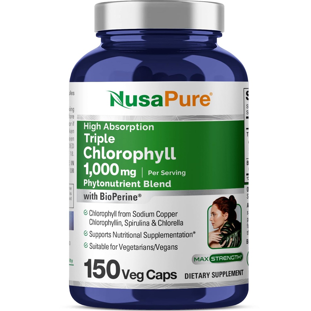 NusaPure High Absorption Triple Chlorophyll 1000 mg 150 Veg Caps Geeignet für Vegetarier und Vegane, Non-GMO