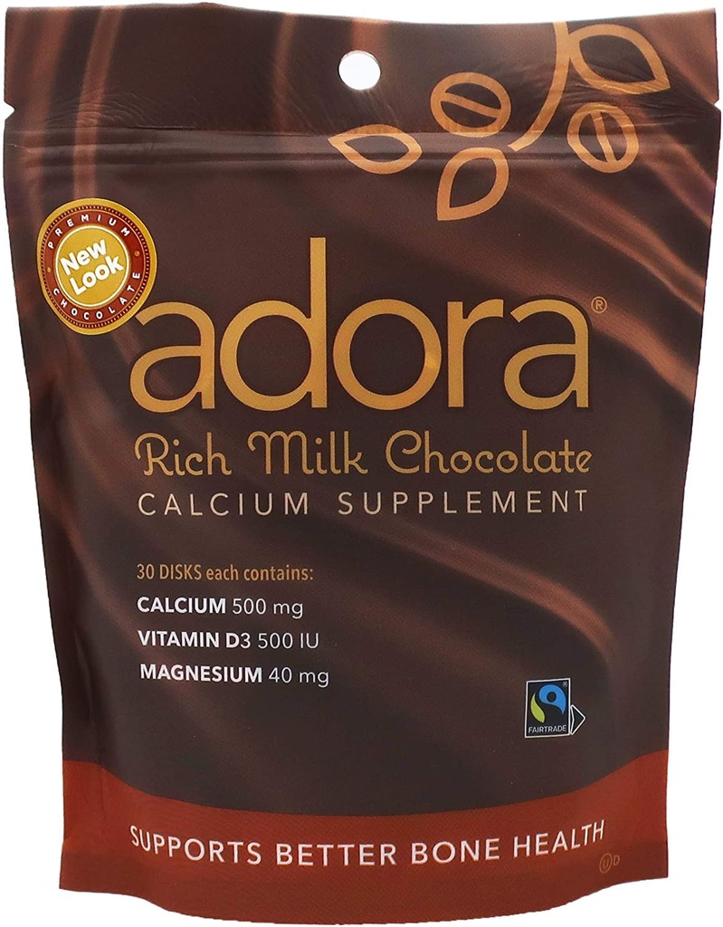 Adora Premium Vitamin D3 Magnesium und Calcium Supplement, 500 mg, Milchschokolade, 30 Count