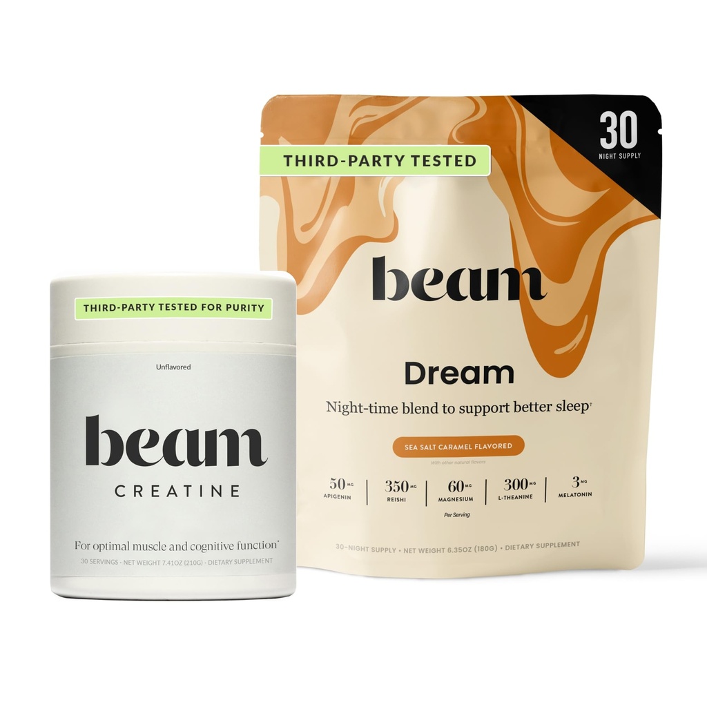 Beam Dream Sleep Powder & Creatine Bundle, troisième partie testé aide au sommeil naturel et supplément de récupération avec micronize créatine monohydraté, poudre de créatine pure non aromatisée pour la force musculaire, énergie