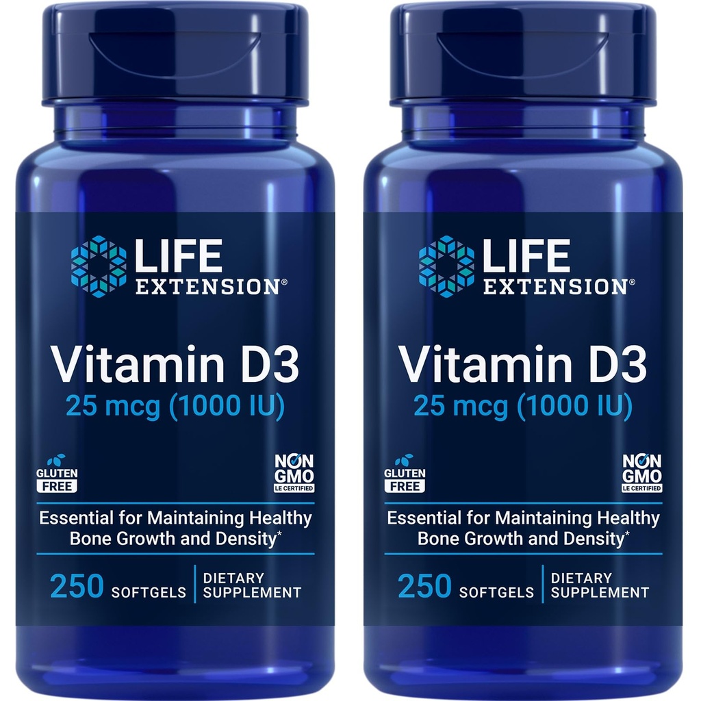 Lebensverlängerung Vitamin D3 25 mcg (1000 IU), Immunsystem-Unterstützung, Knochengesundheit, Ganzkörper-Gesundheit, Wertgröße, Glutenfrei, Nicht-GMO – Zwei Packung - 2 x 250 Softgels