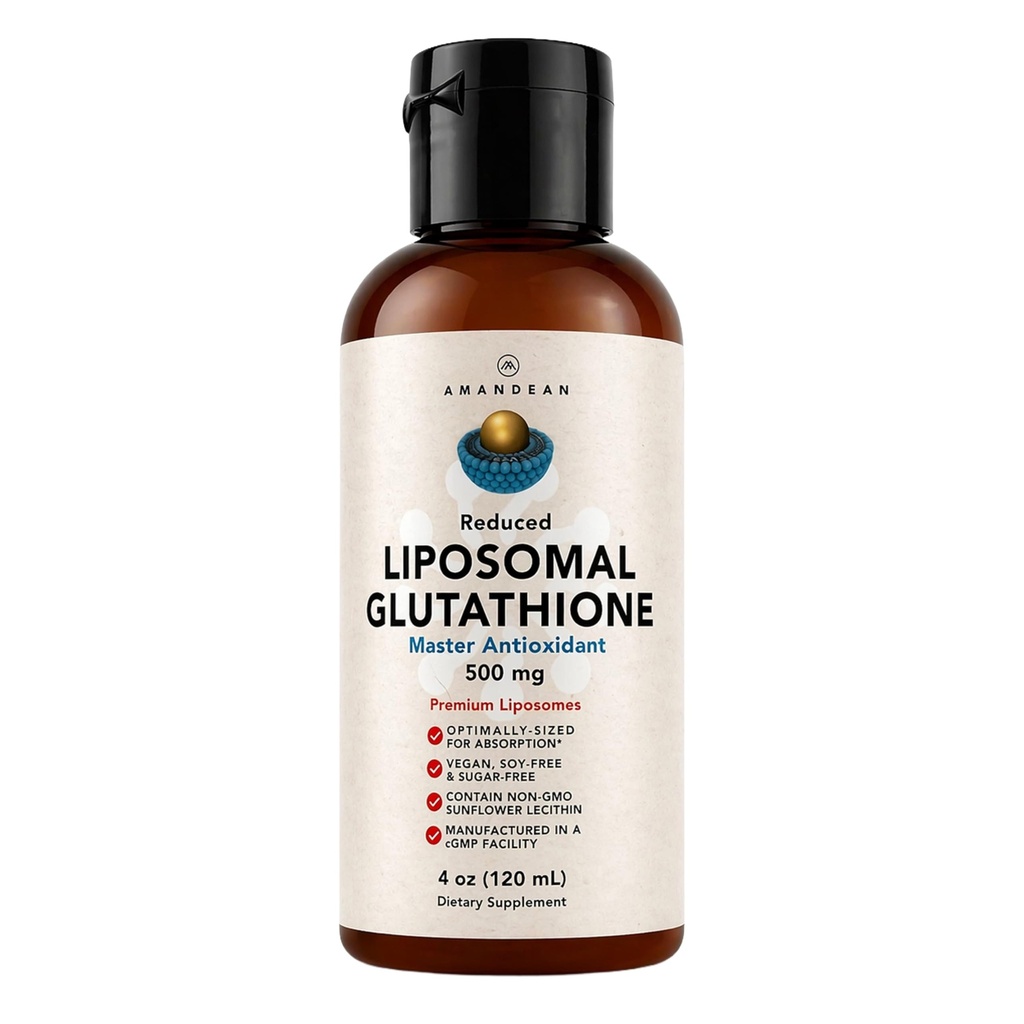Supplément de glutathion liposomique AMANDEAN. Liquid Reduced Setria 500mg. Soutien immunitaire, Santé du cerveau, Détox hépatique, Santé de la peau. Phosphatidylcholine de Lécithine de tournesol non OGM. Sans soja et végétalien.