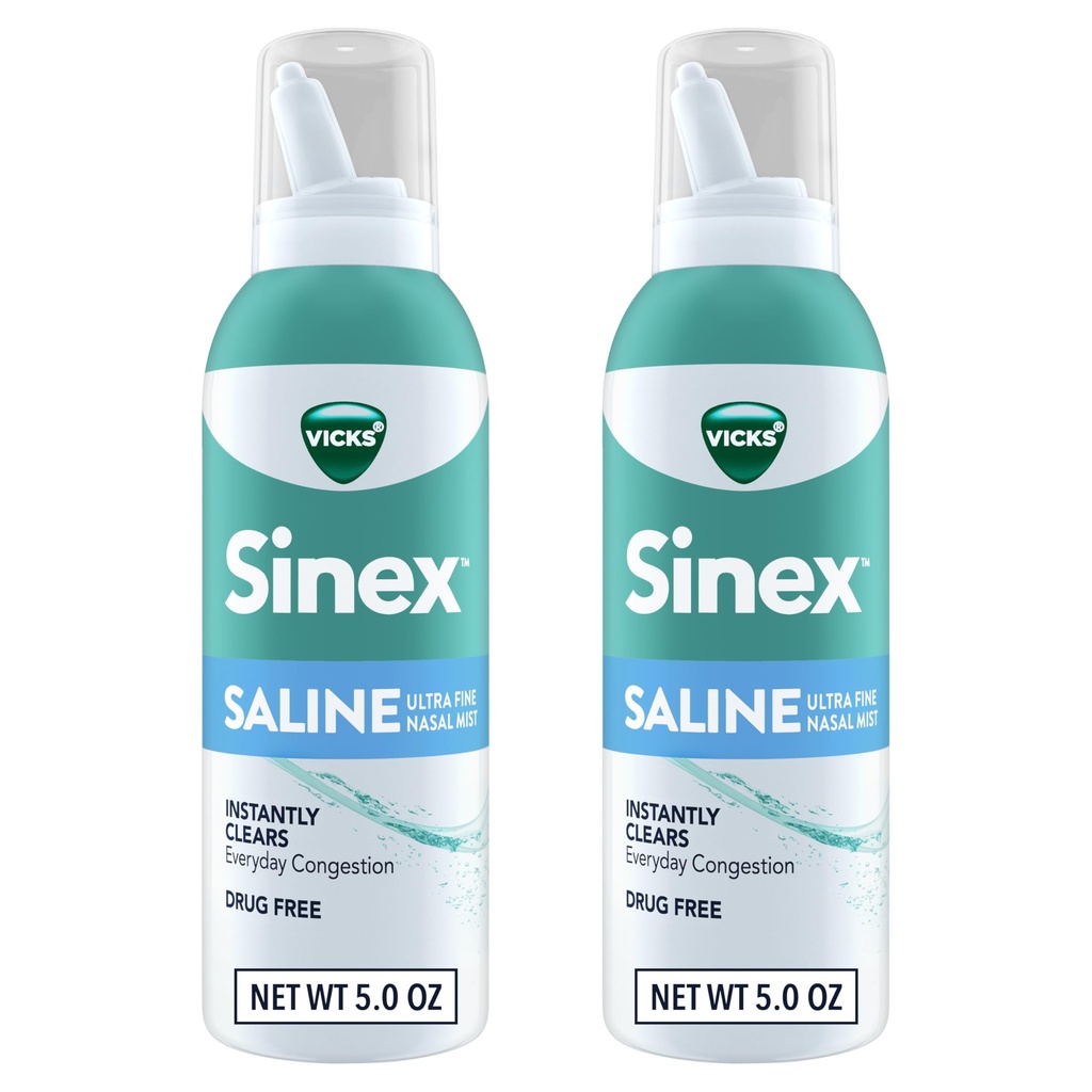Vicks Sinex SALINE Nasenspray, Drug Free Ultra Fine Mist, Clear Everyday Sinus Congestion Fast, Clear Mucus aus einem kalten oder Allergie, Tägliche Verwendung 5.0 fl oz x 2