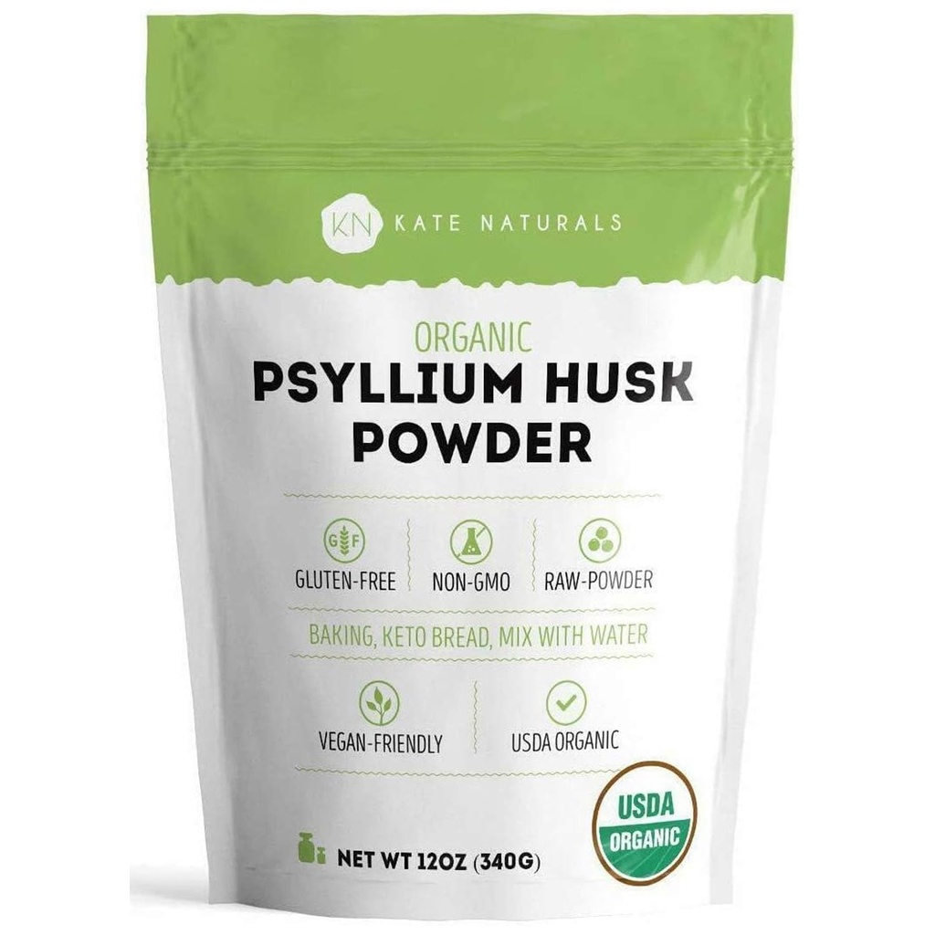Kate Naturals Psyllium Husk Pulver zum Backen, Fiber & Digestion. Psyllium Seed Powder für Hunde & Katzen (12oz, Organic, Glutenfrei, Pet Safe)