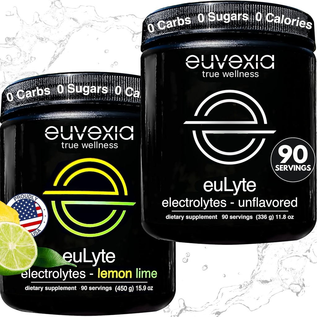 Euvexia Dr Ekberg euLyte Elektrolyte Bundle | Unflavored + Lemon Lime Variety Pack | Zucker Freie Elektrolytpulver mit 80+ Mineralien | 90 Servierungen Jede Flavor | Keto Fasting Hydration Support