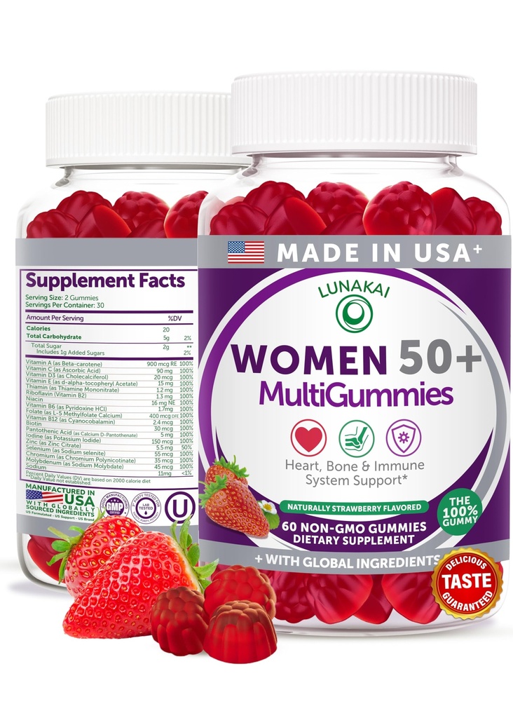 Lunakai USA Made 50 Plus Women's Multivitamin Gummis - Köstliche Formel mit essentiellen Vitaminen & Mineralien für Gesundheit & Vitalität - 60ct