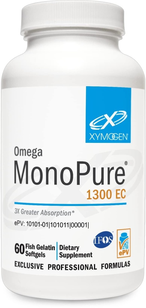 XYMOGEN Omega MonoPure 1300 EC - Soutien du cœur et du cerveau - DHA & EPA Omega-3 Huile de poisson - Monoglycéride softgels à haute absorption - Enteric Coated - 60 Softgels