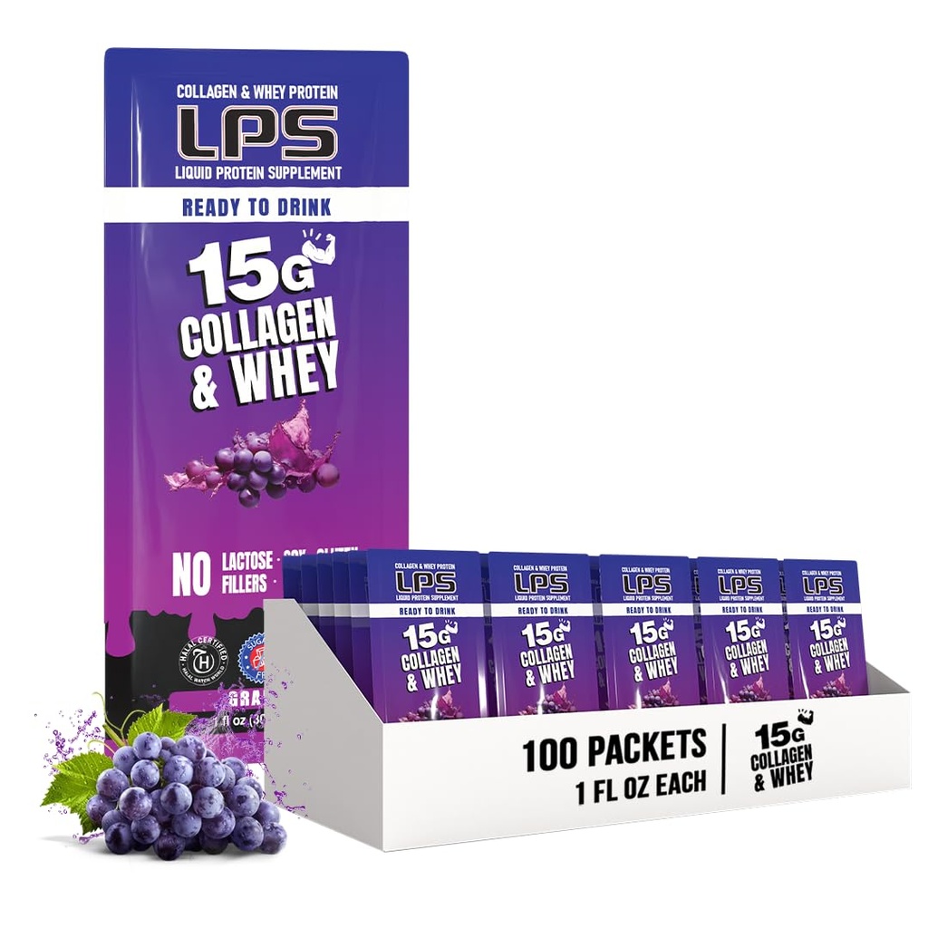 Conceptions nutritionnelles LPS Collagène liquide et supplément de protéines de lactosérum - boisson non-OGM, sans sucre - favorise la santé de la peau et des cheveux pour les hommes et les femmes, le raisin, une seule portion (100 paquets)