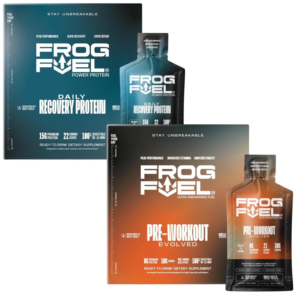 Frog Fuel Power Regular Protein & Ultra Pre Workout Shot Bundle, 1500mg Beta Alanine, 15g Protein Nano-Hydrolyzed Gras Fed Collagen, Pre & Post Workout, 1.2 oz Packets, 48 Pack