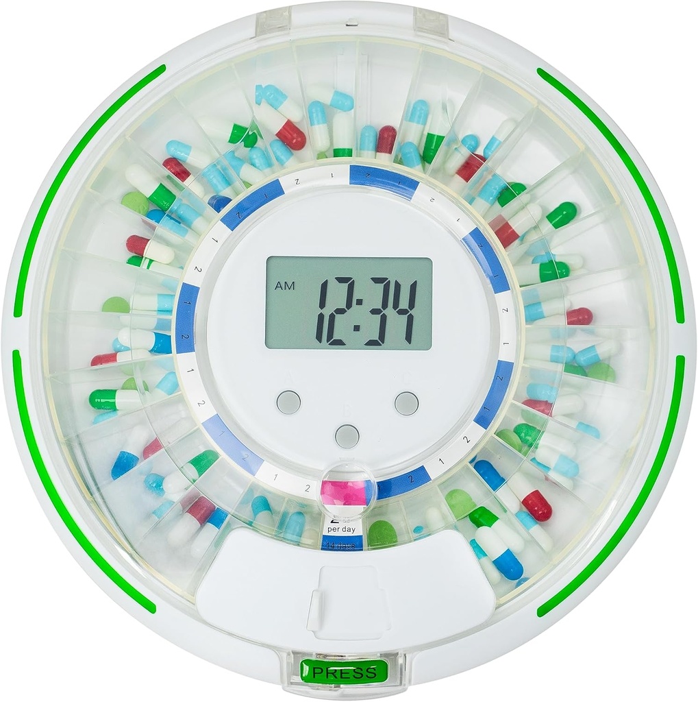 Automatische Pillenspender für Ältere mit Alarm, Lock 28-Day Medication Dispenser, 6 Dosage Vorlagen, Sound & Licht-Alerts & Schlüssel für Vitamine, Nahrungsergänzungen (Clear Lid)