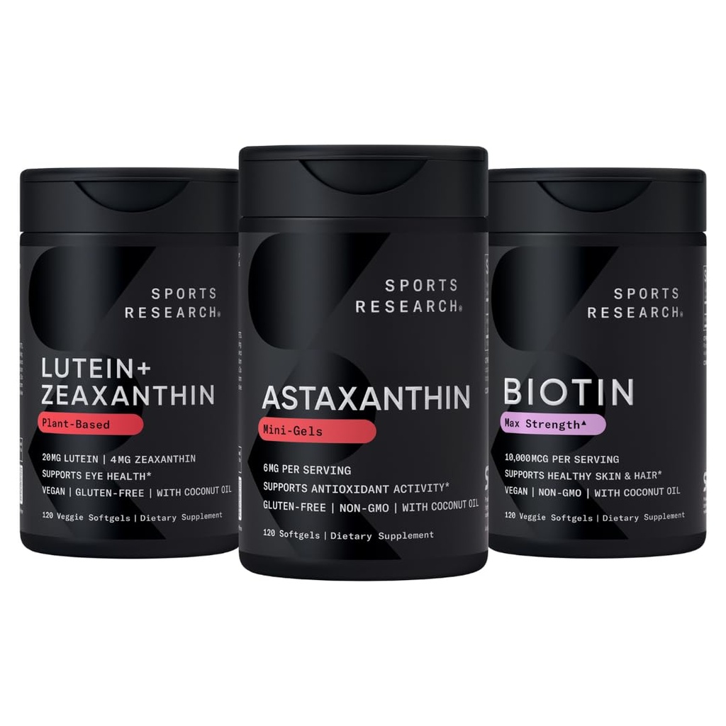 Biotine de recherche sportive (B7) 10 000 mcg + Lutéine + Zeaxanthin (20mg) + Supplément d'astaxanthine de l'algue (6mg) - Tous les légumes 120 softgels chaque fois