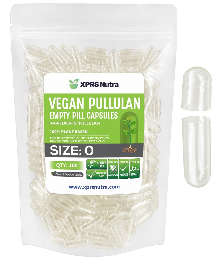 XPRS Nutra Taille 0 Pullulan Capsules vides - 100 Count Clean Label Plantcaps Effacer les capsules végétales vides - Pilules végétariennes premium - Do-It-Youlf Capsule végétale remplissage