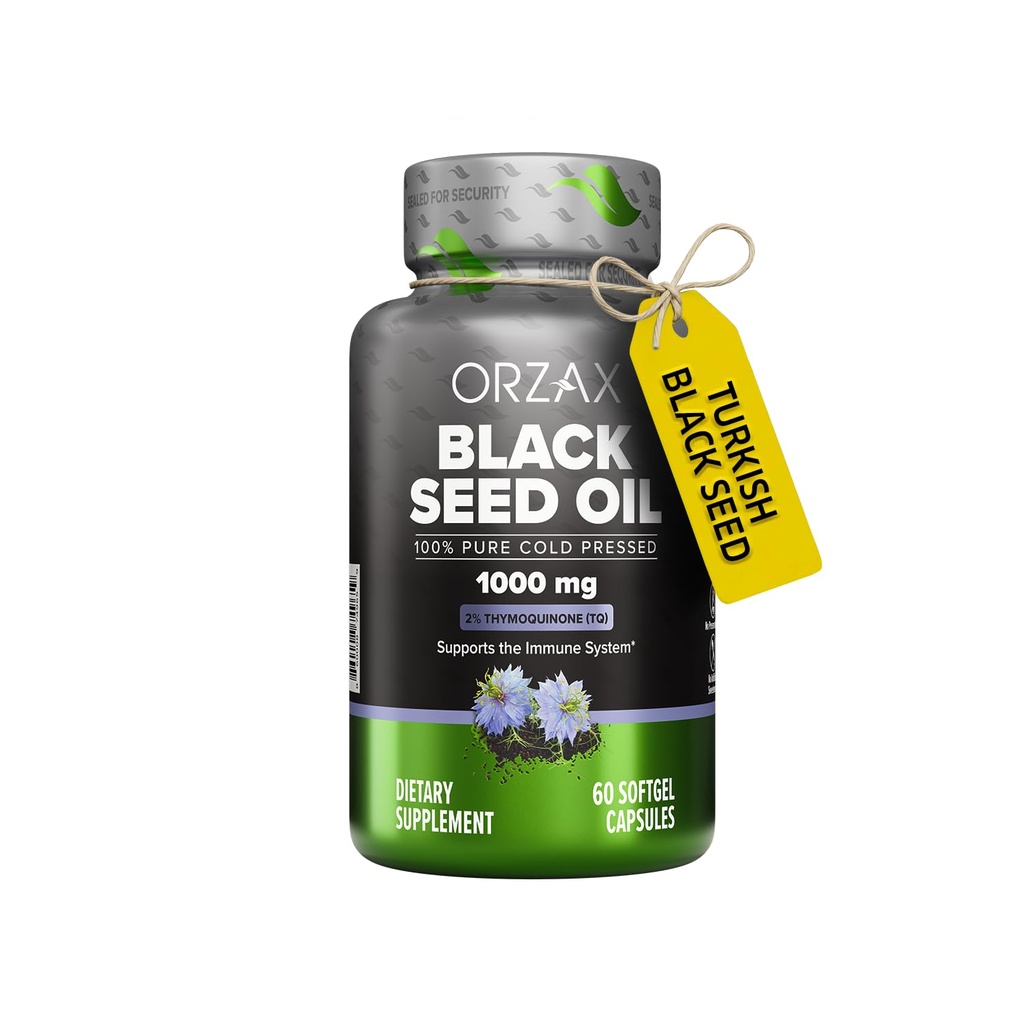 ORZAX 1000 mg Black Seed Oil Organic Cold Pressed Kapseln mit 20mg Thymochinon für Immununterstützung, gutes Haar, Haut und Gelenke (60 Soft Gel Kapseln)