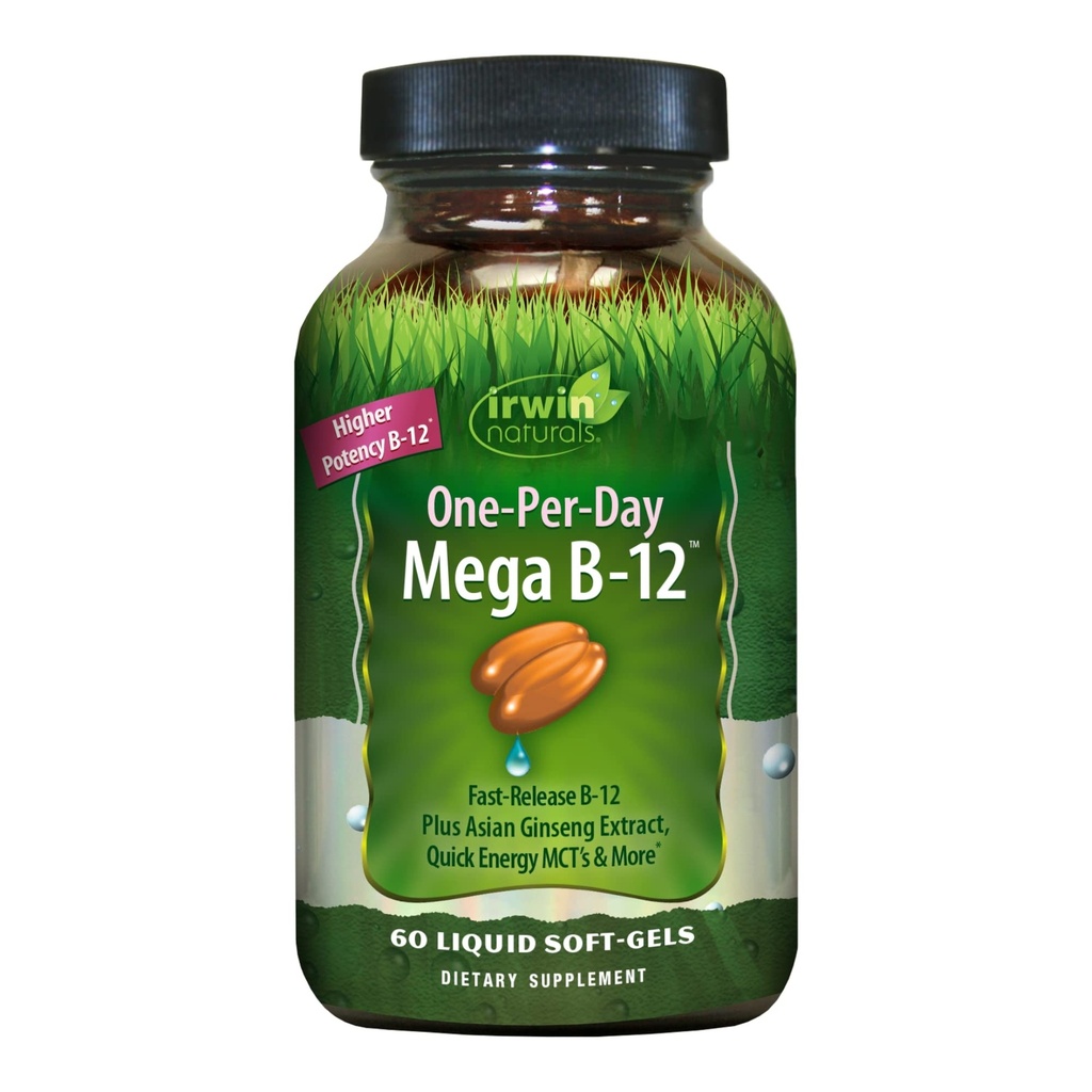 Irwin Naturals One-Per-Day Mega B-12 1.500mcg Hohe Potenz Methylcobalamin Vitamin - Schnelle Enhanced Absorption mit MCT + Asian Ginseng - Natürliche Energie – 60 flüssige Softgels
