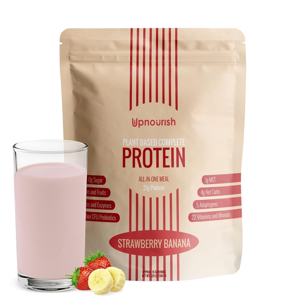 UpNourish Strawberry Banana Vegan Protein Powder 54 Superfoods Powder,1.5 Billion CFU Probiotics 21g Pflanzenbasiertes Protein,No Sugar No Dairy No GMO Dairy Free,Meal Ersatz Shake Keto-Friendly Low-Carb Diät,15 Servierungen