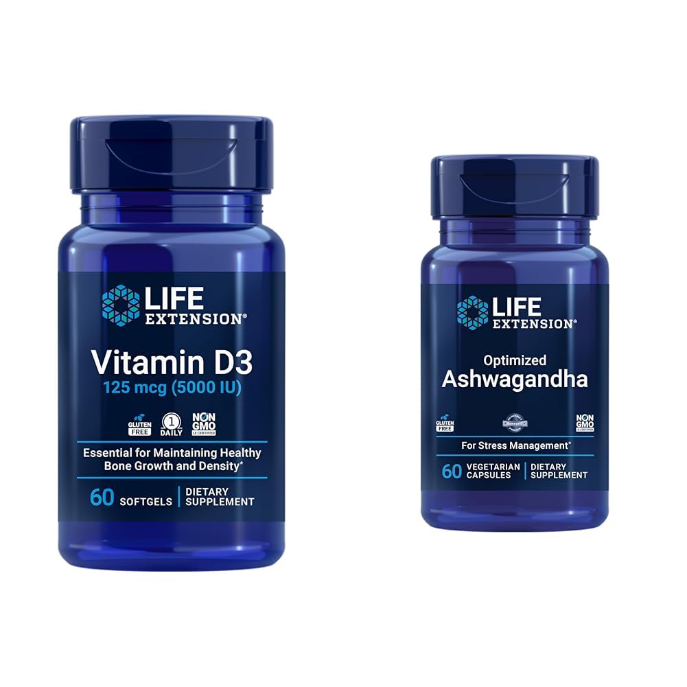 Extension de la durée de vie Vitamine D3 5000 UI, Ashwagandha - Stress Relief, Focus, Memory, Mood Support - Ensemble de suppléments non OGM
