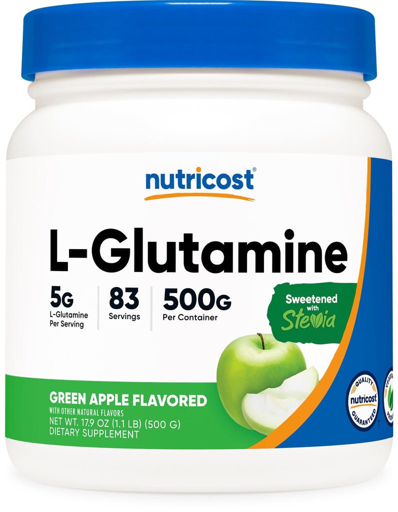 Nutricost L-Glutamin Pulver-Ergänzung (Green Apple) 500g - Gut-Unterstützung, 5 Gramm pro Servierung, mit Stevia gesüßt - Glutenfrei, Non GMO