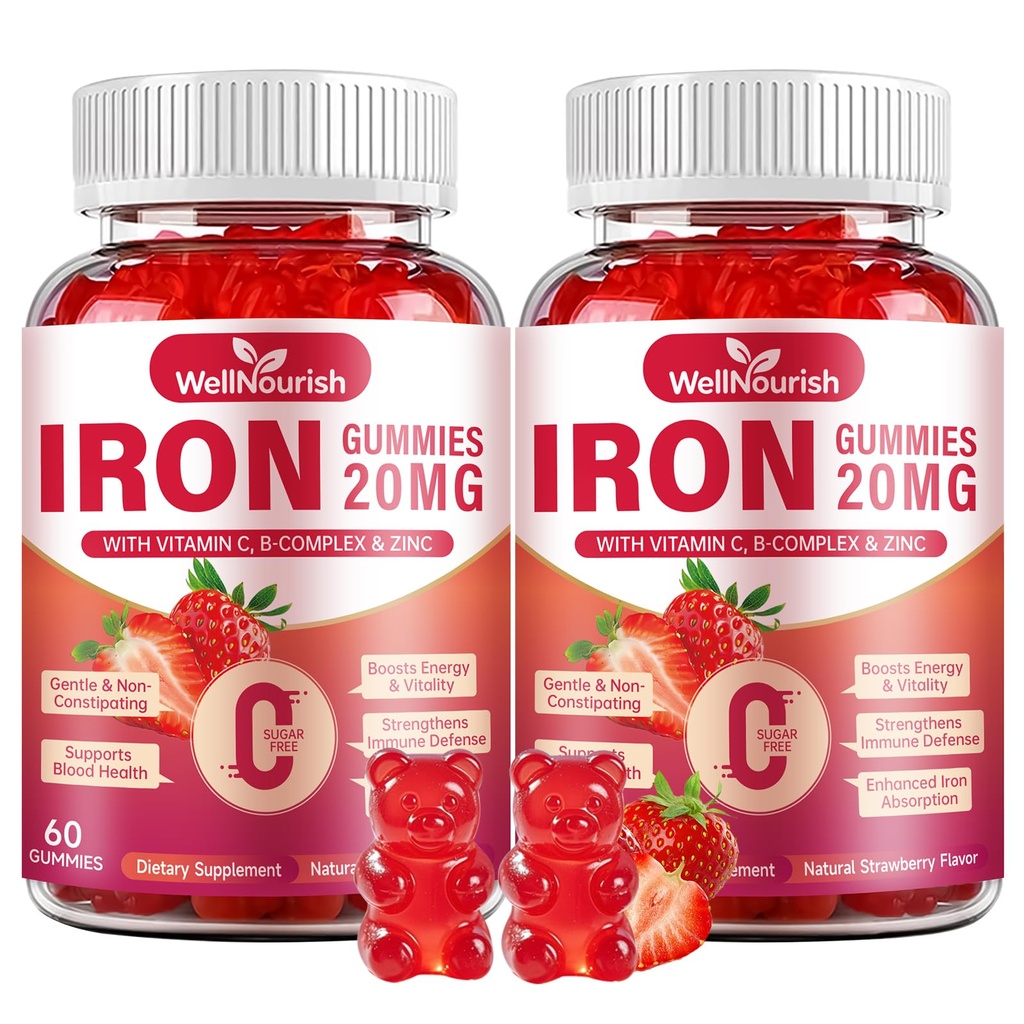 2 Pack Iron Supplement Gummies for Women & Kids, 20mg Gentle Iron with Vitamin C, Sugar Free Strawberry Blood Builder, Non-Constipating, B12 Folate Zinc, No Metallic Taste, 120 Count
