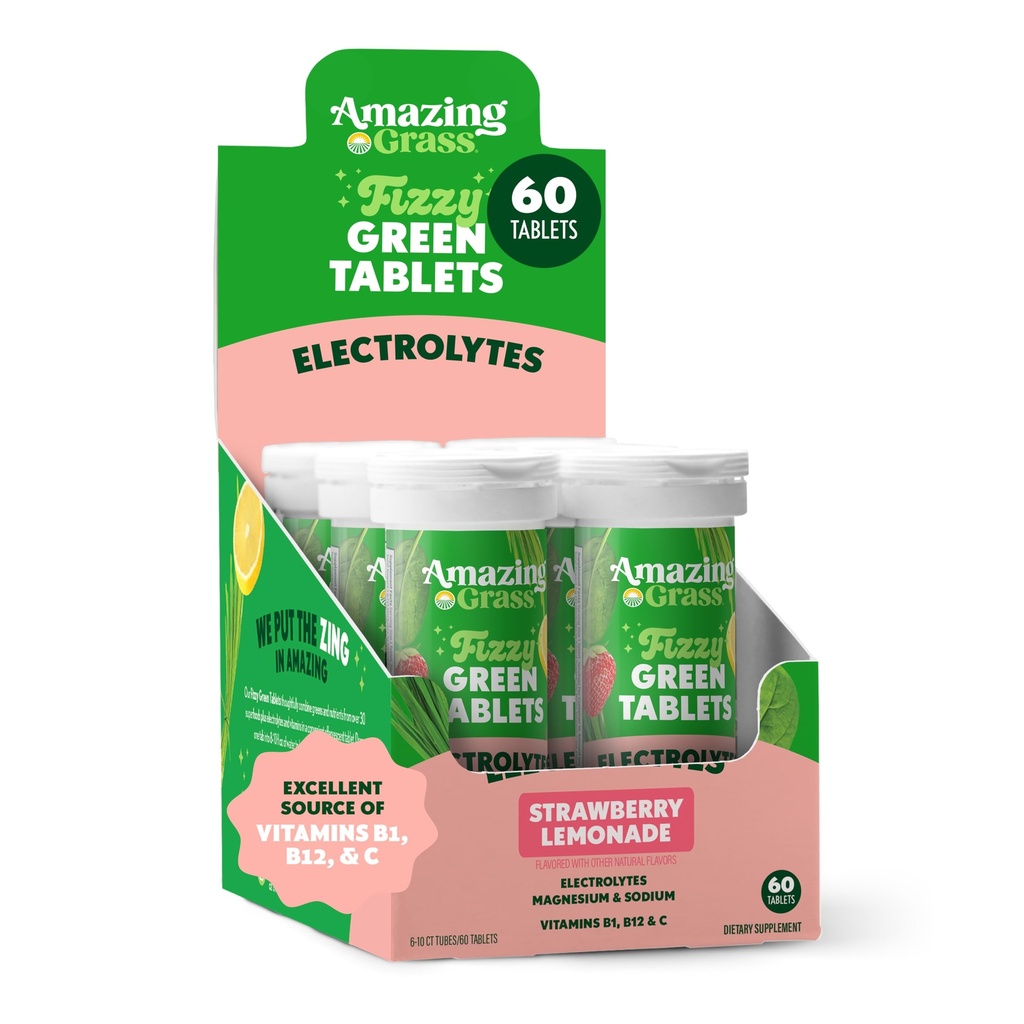 Erstaunliche Gras Elektrolyt Tabletten, Fizzy Greens Wasser Flavoring Tablet mit Vitaminen, Hydrate Erdbeer-Lemonade, 10 Count (Pack von 6) (Packaging Mai Vary)