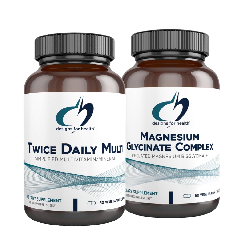 Designs for Health Magnésium Glycinate Complex (60 capsules) et deux fois par jour Multi (60 capsules) Bundle - Multivitamine Premium avec supplément de magnésium folate et haute absorption
