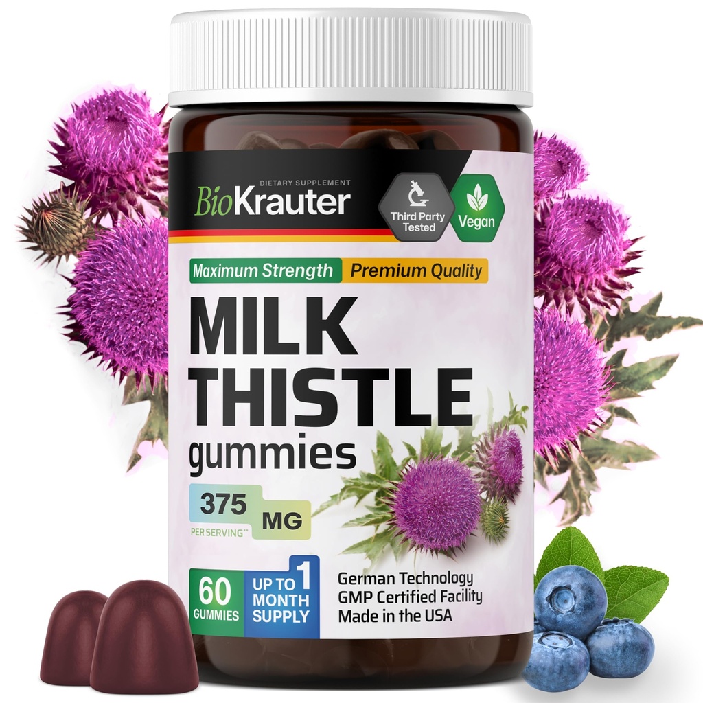 BIO KRAUTER Milk Thistle Liver Detox Gummies - 1500 mg Stärke - 60 Chews - Silymarin Milk Thisle Supplement - Vegan Gelatinefreie Formel