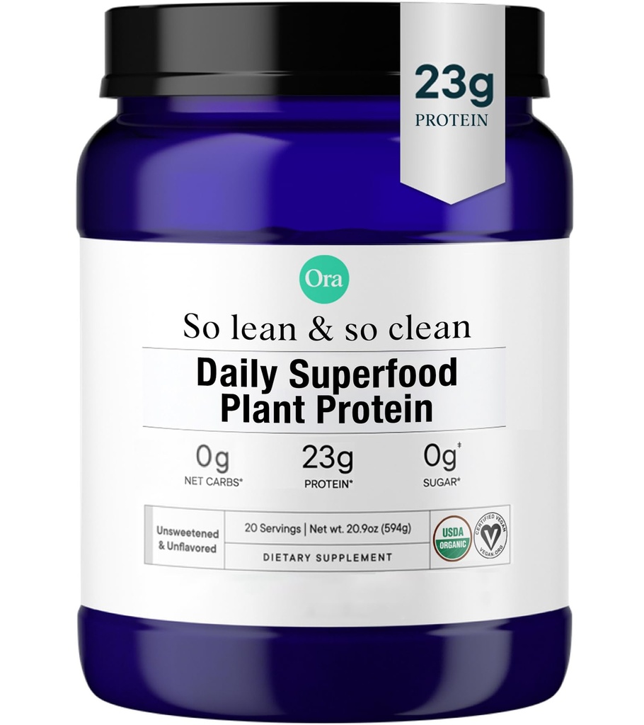 Ora Organic Vegan Protein Powder - 23g Plant Based Pea Protein + Superfood für Frauen und Männer - Unsweetened & Unflavored - 20 Servierungen, No Erythritol, Keto-Friendly, Gluten-Free, Paleo, Soy-Free