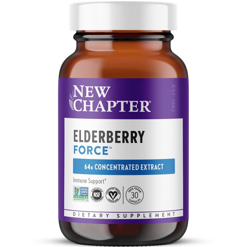Nouveau chapitre Capsules Vegan Elderberry avec 64x Concentré Black Elderberry + Currant noir pour le soutien immunitaire complet, Projet non OGM vérifié, sans gluten, végétalien certifié, 30 comte