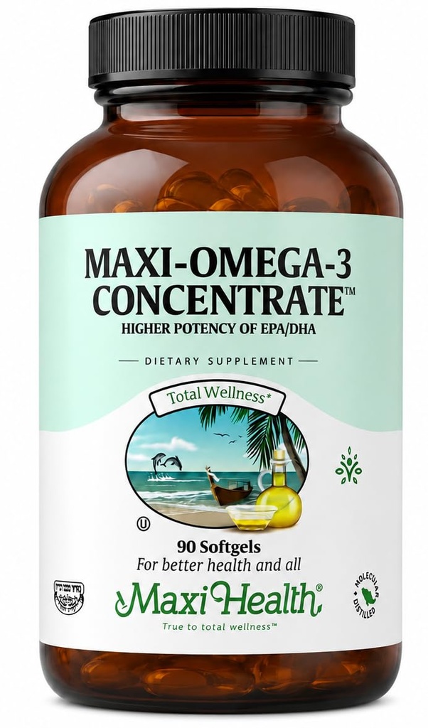 Maxi Health Omega 3 Supplément - Concentré d'huile de poisson oméga-3 - Source de puissance supérieure des acides gras de l'EPA/DHA - Santé du coeur, du cerveau et des articulations - Poisson sauvage capturé certifié Kosher - 90 softgels végétariens