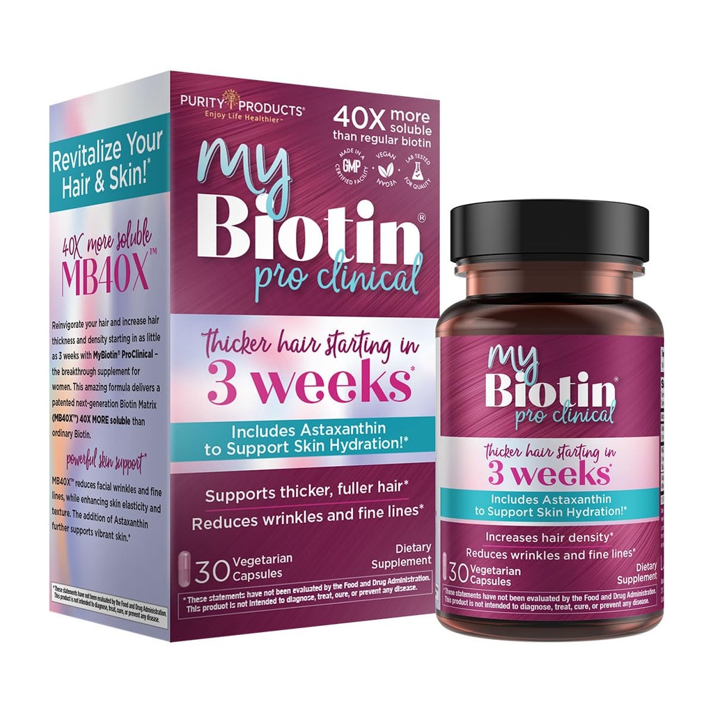 Purity Products MyBiotin ProClinical – Thicker Hair Starting in 3 Wochen & Fights Falten - MB40X Patentiertes Biotin Vitamin B7 Matrix w/Astaxanthin - 40X Mehr Soluble vs Ordinary Biotin, 30 Veg Kapseln