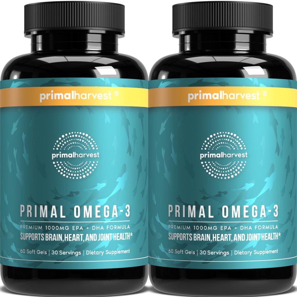 Primal Harvest Omega 3 Suppléments à l'huile de poisson, 30 portions Gels doux Capsules w/ 1000mg EPA + Suppléments DHA, Pas de Burps Poissonux Non-OGM Omega 3 Acid gras, 2 Pack