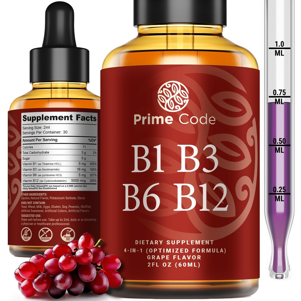 Code Prime Vitamine liquide B1 gouttes avec la vitamine B3 B6 et B12.0 B Complément liquide complexe de Thiamine pour les adultes.
