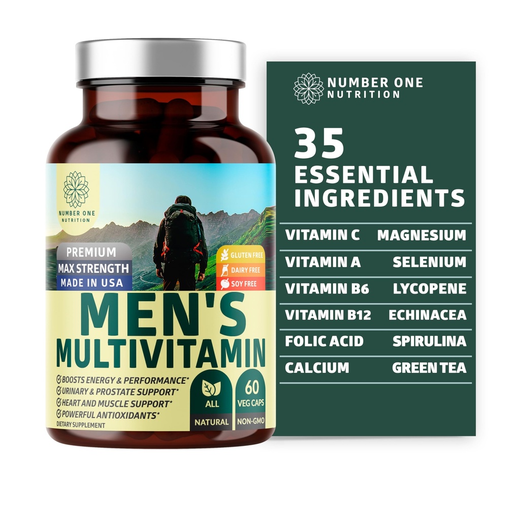 Number One Nutrition Premium Men's Daily Multivitamin Multimineral Supplement [Gluten Free, Non-GMO], Vitamine A C E D B1 B2 B3 B6 B12, Magnesium, Biotin, Sprulina und Zink, 60 Veg Caps
