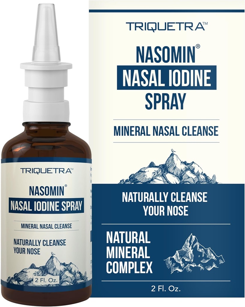 Nasomin® Iodine Spray nasal – Nettoie et rafraîchit vos passages nasaux – Iodine et mélange d'acide fulvic – 150+ Utilisations par bouteille – formule minérale 100% naturelle – (2 oz. Bouteille + Spray nasal)