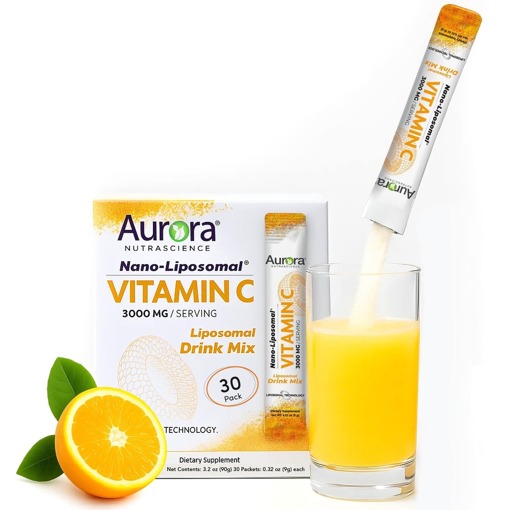 Aurora Nutrascience Nano-Pack Mélange de boissons en poudre de vitamine C liposomique, soutien immunitaire, haute résistance 3 000 mg par portion, 30 paquets à usage unique, orange
