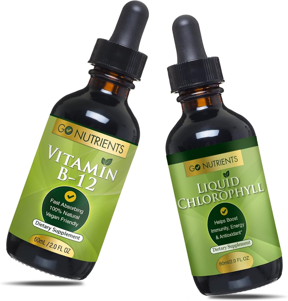 Go Nährstoffe Vitamin B12 2 oz & Liquid Chlorophyll 60 ml GMO Free, Vegan Friendly, Glutenfrei, Sojafrei, flüssige Chlorophyll Vegan Friendly B12 Sublingual Supplement mit 3000 mcg Methylcobalamin