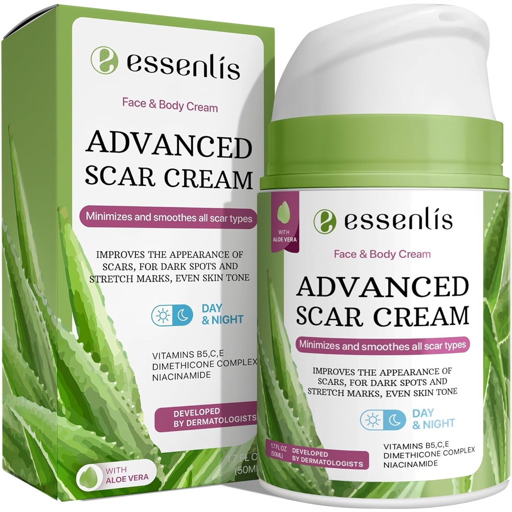 Crème d'enlèvement de cicatrices pour les femmes et les hommes, Réparation rapide de nouvelles vieilles cicatrices, taches, brûlures tout traitement naturel avec la vitamine E, B5, C, Aloe Vera, 1,7 Fl Oz