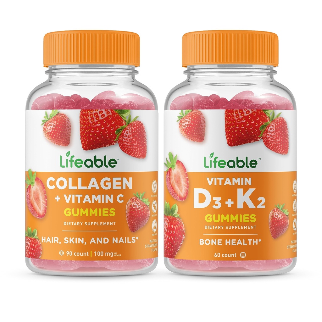 Lebensfähiges Kollagen & Vitamin C + Vitamin D3 + Vitamin K2, Gummis Bundle - Große Verkostung, Vitaminergänzung, Glutenfrei, GVOfrei, Kaugummi