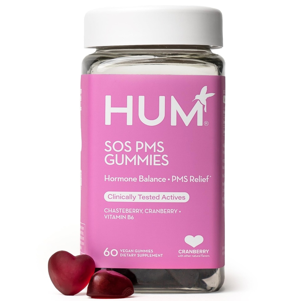 HUM Nutrition SOS PMS Gummis, PMS Support Supplement für Damen, Unterstützung Cycle Symptoms, Bloating, Hormonal Balance, Includes Vitamin B6, Cranberry & Chasteberry Vitex, Gluten Free, 60 Vegan Gummies