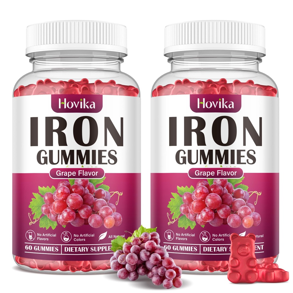 (2 Pack) Eisen-Gummi-Ergänzung für Frauen und Männer, Eisen-Ergänzungen für Anämie mit Vitamin C, B12, Folate-Blood Builder & Energie-Unterstützung für Eisenmangel - Trauben-Flamvor, Vegan, 120 Gummies