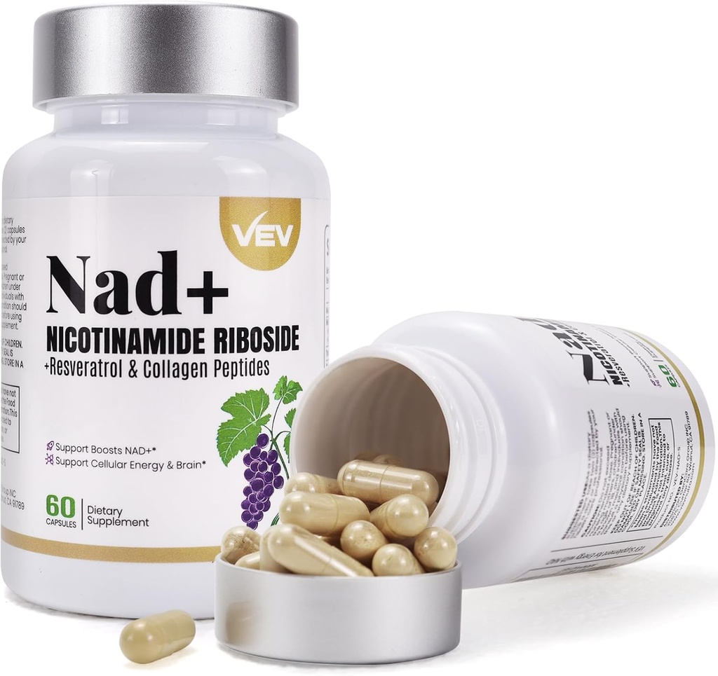 VEV NAD Supplément Capsules - Nicotinamide Riboside, Multi-Collagène, CoQ10 - Supplément NAD pour la peau - 60 Capsules*2