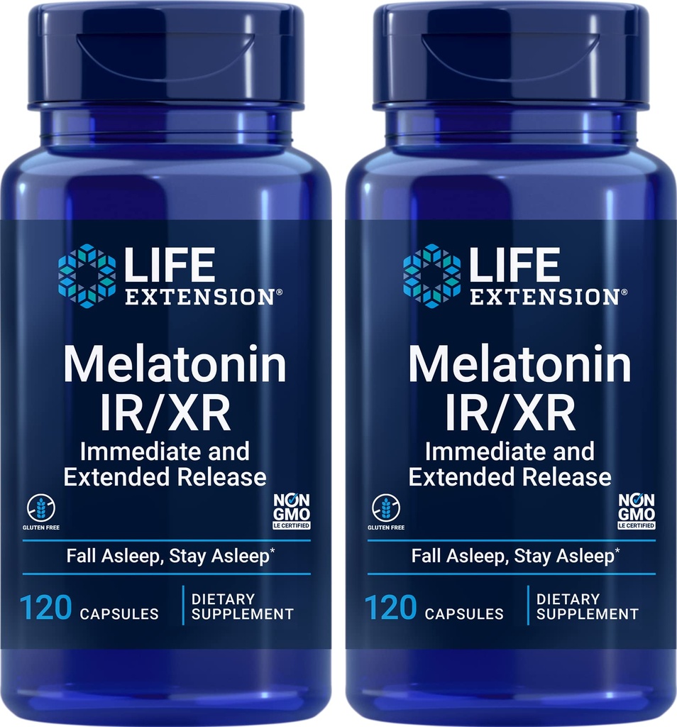 Lebensverlängerung Melatonin IR/XR, 120 Kapseln (Pack von 2) - Sofort und verlängert-Release für 7 Stunden Unterstützung - Nachtzeit-Ergänzung - Bleiben Sie schlafen alle Nacht lang - Non-GMO, Gluten-Free