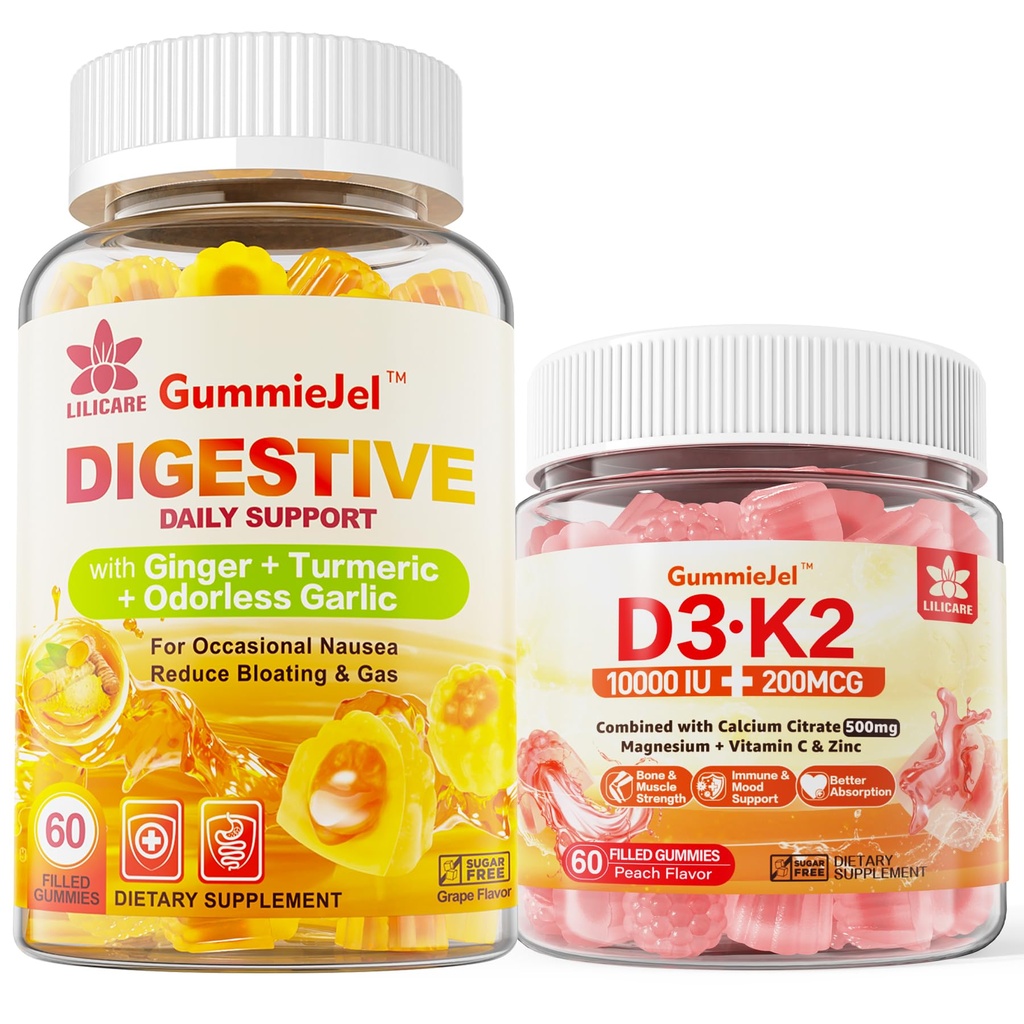 Vitamin D3 K2 Gefüllte Gummie 5000IU / 10.000 IU mit 500mg Calcium, Magnesium Citrat, Vitamin C & Ginger Chews Ergänzungsgummis für Übelkeit, Stomach Relief