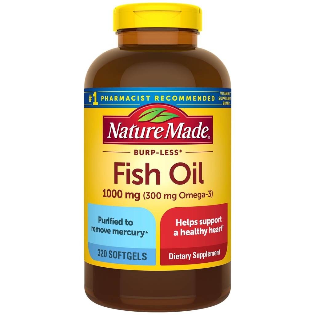 Nature faite Burp moins huile de poisson Omega 3 suppléments, 1000mg Softgels, Omega 3 suppléments huile de poisson pour un soutien cardiaque sain, 320 Softgels, 160 jours d'approvisionnement