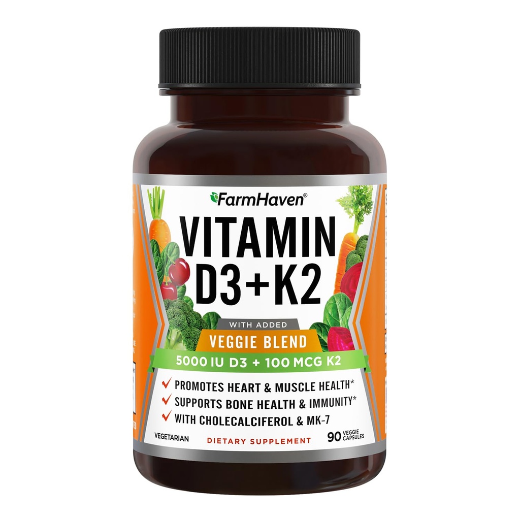 FarmHaven Vitamin D3 K2 Kapseln - 5000 IU D3 und 100 mcg K2 - Cholecalciferol MK7 mit Veggie Fruchtmischung - Vitamin D K2 Nahrungsergänzung für Immunsystem und Herzgesundheit - Vegetarisch, Non-GMO, 90 Kapseln