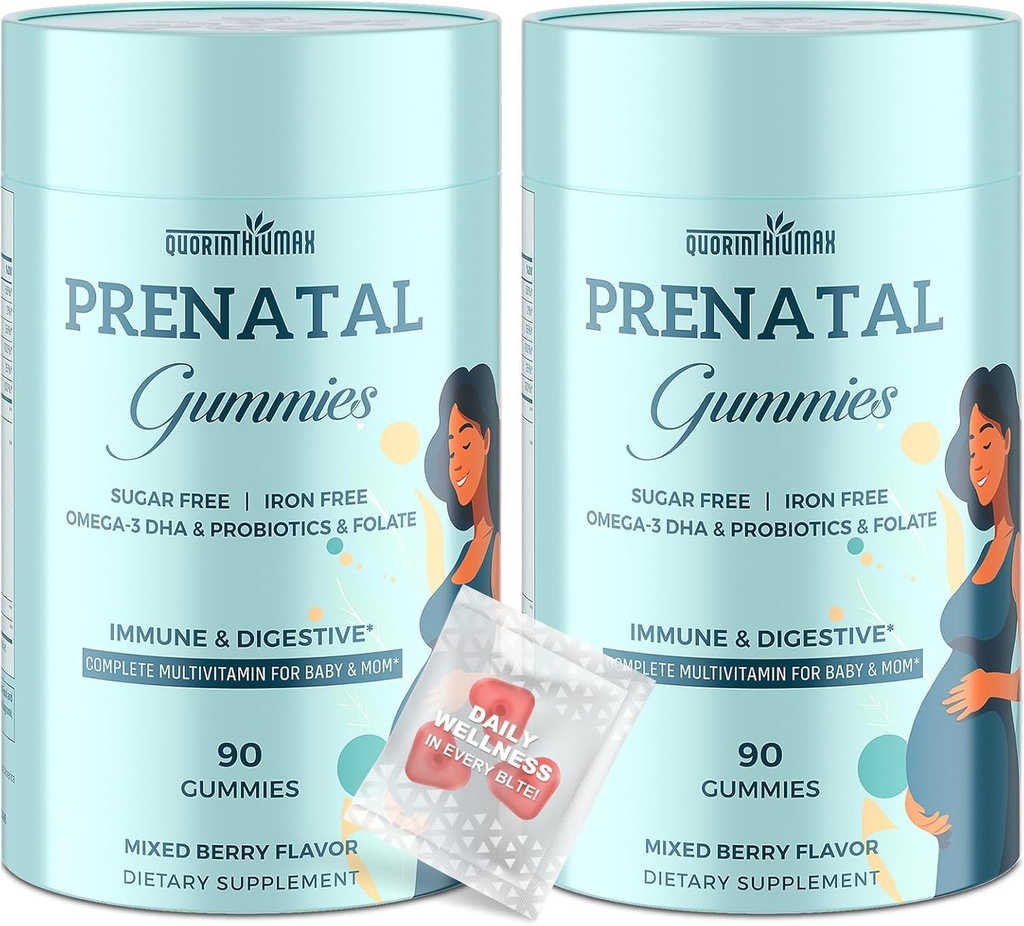 Pränatale Gummis Zucker Free 180 Count - Bios Pränatale Vitamine für Frauen mit Folat, DHA & Probiotics - Eisenfreie pränatale Vitamin-Gummien für Immun & Verdauungs- 2 Flaschen